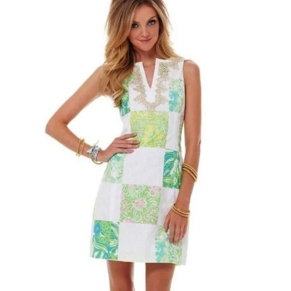 Lilly Pulitzer Janice Shift Mini Dress Lioness Patchwork Resort Fit Size 6 - Picture 2 of 9